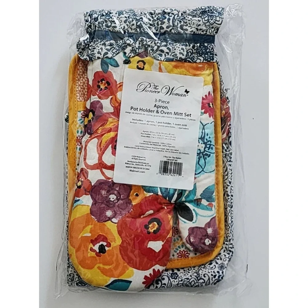 Pioneer Woman 3-Piece Kitchen Set Flea Market Pattern-Apron, Oven Mitt Potholder